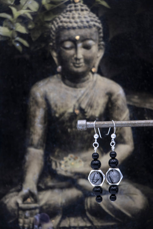 Mirror Spell: Black Tourmaline + Tourmaline Quartz Earrings
